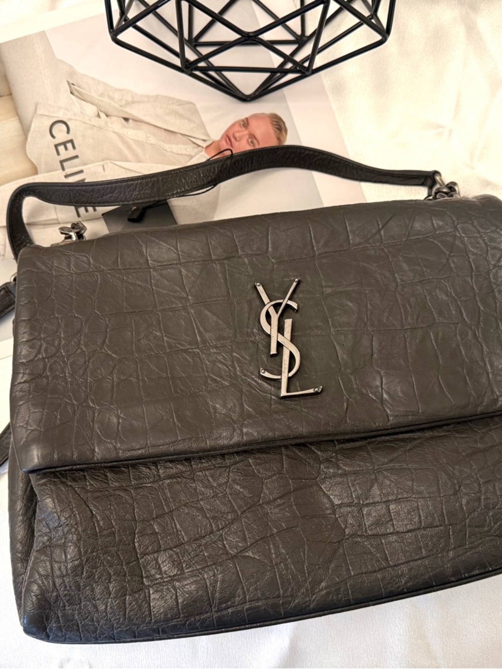 YSL Saint Laurent Niki Hollywood Medium Croc Embossed Dark Grey Silver HW